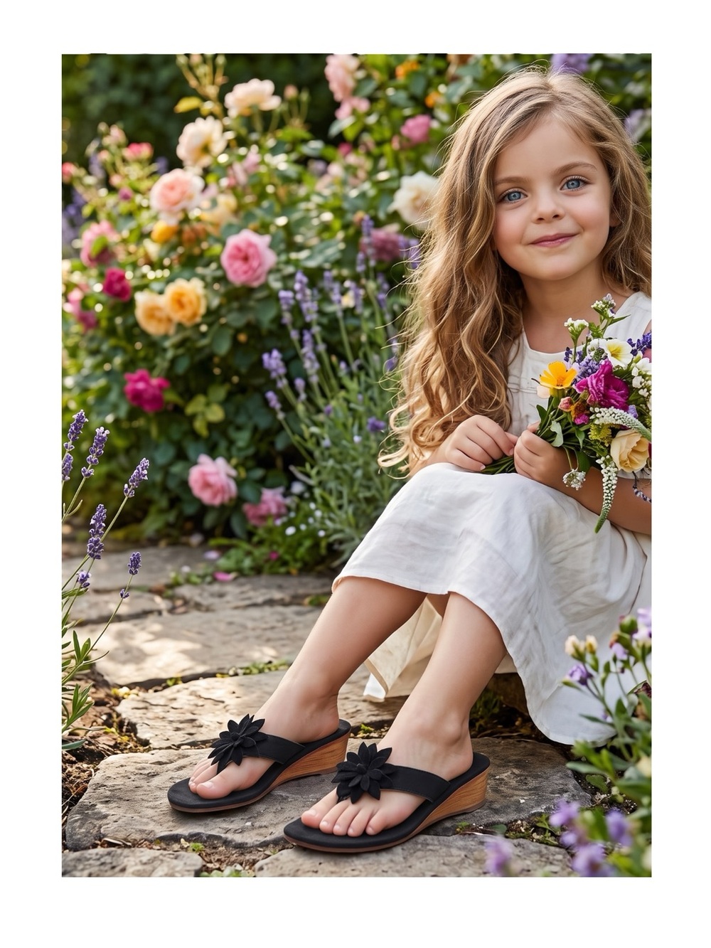 Nordstrom 𑁍 Girl’s Suede 3D Flower Thong Wood Wedge Sandals 𑁍 Black 𑁍 11.5 29 EU